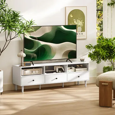 Produktbild von TV-Kommode mit Schubladen, TV-Ständer Lowboard, Spanplatte Metallgriffe, Weiß | 140 x 34 x 45 cm | bis 75 Zoll | 50 kg Tragfähigkeit