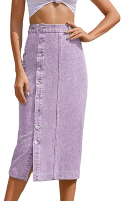 Productafbeelding van Dames Denim Midi Rok met Hoge Taille en Knoop