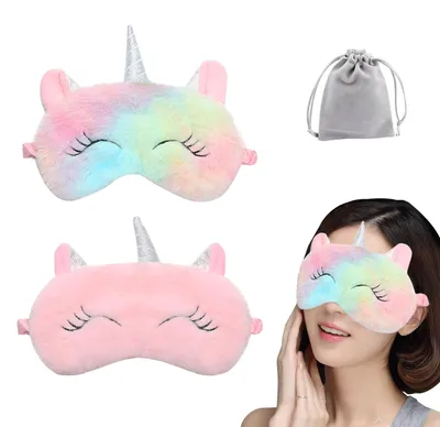 Productafbeelding van Set van 2 schattige eenhoorn-slaapmaskers, ideaal voor reizen, dutjes, lunchpauzes, overnachtingen, feestjes. Zachte, pluchen oogmaskers, geschikt voor vrouwen, meisjes en kinderen