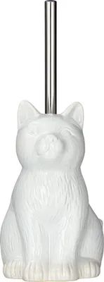 A white ceramic cat-shaped toilet brush holder with a silver handle.