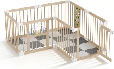 Image de LARS360 Parc pour bébé en bois 8 pièces, barrière pliable, barrière pour bébé et barrière de jeu pour chambre d'enfant, avec porte, modules de jeu et tapis de sol