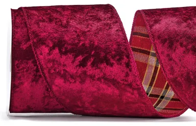 Samt-Weihnachtsband 10 cm x 9,1 m, kariert, Drahtkante, wendbar