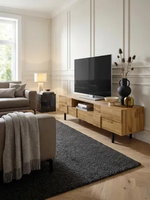 Produktbild von Lowboard Holz Eiche-Nachbildung 160x46x43 cm TV-Kommode mit zwei Türen, Design TV-Schrank Hoch, Fernsehtisch Fernsehschrank Modern, Fernsehkommode Wohnzimmer