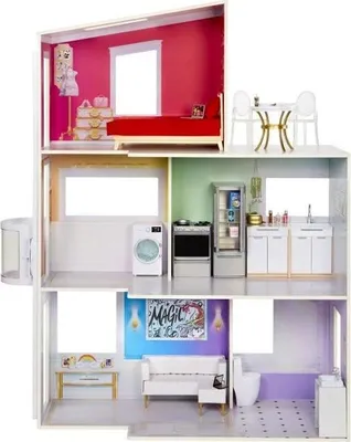 Obrázok produktu pre Bábikový domček Rainbow High Townhouse, 3 poschodia, 6 izieb, funkčný výťah, mobilný nábytok, 114 cm