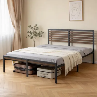Produktbild von CEEDIR Metallbett 140x200 cm, Doppelbett, Bettgestell mit Lattenrost, Kopf und Fußteil, mit Bambus Elementen
