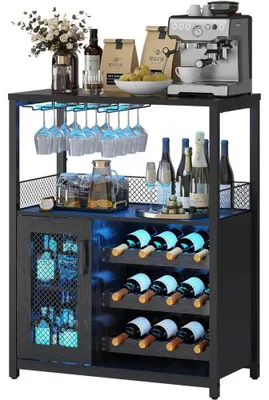 Image de Armoire à vin - Étagère industrielle pour le vin - Armoire de bar - Éclairage LED - Étagère à vin réglable - Porte-verres - Armoire à boissons - Noir