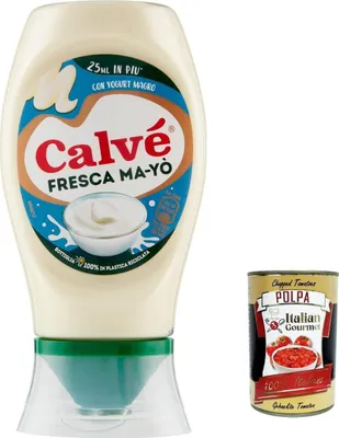 Produktbild von 6x Calvé Maionese Fresca Ma-Yò Mayonnaise mit fettarmem Joghurt und 55% weniger Fett*, ideal für Reissalate, kalte Kartoffeln und große Salate 250 m + Italian Gourmet polpa 400g