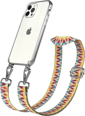 Produktbild von EAZY CASE Handykette - Verstellbarer Trageriemen kompatibel mit Apple iPhone 12 / 12 Pro, Handykordel mit transparenter Silikon-Hülle, Karabiner Silber, ZickZack Style, Band in Bunt