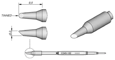 Obrázek produktu pro JBC pájecí hrot řady C245, kulatý tvar, C245102/Ø 2,0 mm, zkosený, pocínovaný C245102