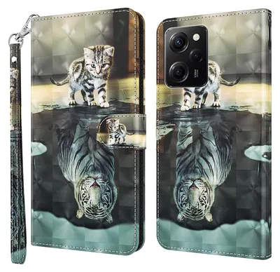 Produktbild von CLM-Tech Hülle kompatibel mit Xiaomi Redmi Note 12 Pro / Poco X5 Pro 5G - Tasche aus Kunstleder - Klapphülle mit Ständer und Kartenfächern, Katze Tiger grau