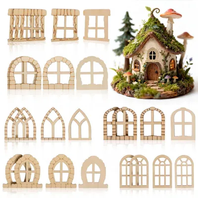 Image de Miniature ensemble de fenêtres et de portes, 25 pièces, en bois brut, kit de loisirs créatifs pour jardin féerique, balcon