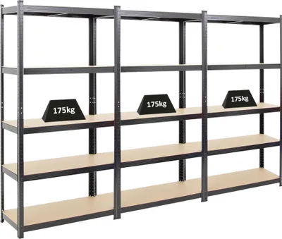 Produktbild von Mega Deal | 3x Schwerlastregal Ragnar | HxBxT 180x90x40cm | 5 MDF-Platten-Ebenen | Fachlast 175kg | Schwarz