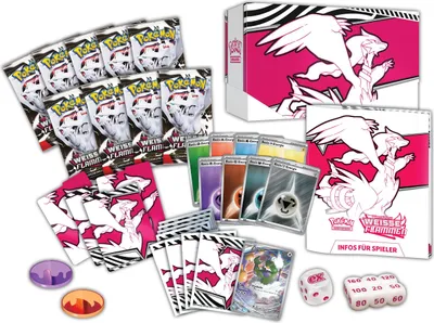 A collection of Pokemon trading card game items, including booster packs, energy cards, dice, and a storage box, all featuring artwork of the Pokemon Reshiram.