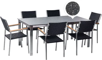 Produktbild von BELIANI Gartenmöbel Set 7-Teilig Schwarz Edelstahl 6 Stühle Rattan Tisch 180x90cm Sicherheitsglas Keramik Gartenausstattung Terrasse Outdoor Indoor