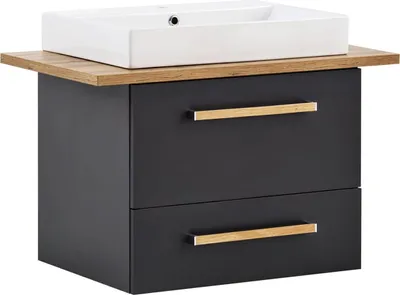Produktbild von Waschtisch 82cm Unterschrank mit Keramikbecken DABO-04 in anthrazit Landhaus-Eiche, B/H/T: 82,2/61,5/50 cm