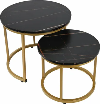Zdjęcie produktu dla Stoliki kawowe okrągłe Zestaw stolików loft fi 53x45 fi 43x35 czarny marmur ze złotą żyłką