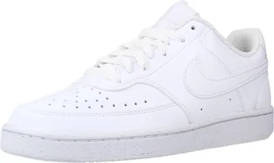 A white Nike Court Vision Low sneaker is shown from a side angle against a white background.