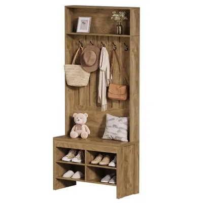 Image de Tribesigns, banc d'entrée avec étagère à chaussures, meuble d'entrée 4 en 1 avec 5 crochets, 4 compartiments à chaussures et une étagère, hauteur 180 cm, style rustique, couleur marron