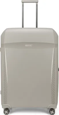 A light taupe colored suitcase with a retractable handle and wheels.