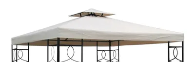 A close-up view of the top section of a beige gazebo with a black metal frame, set against a white background.