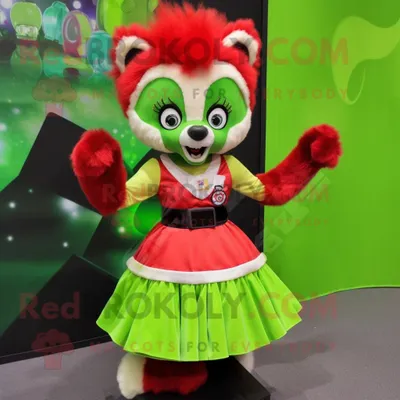 Produktbild von Limettengrüner REDBROKOLY roter Panda Maskottchen Kostüm charakter bekleidet mit einem A-Linien-Rock und Haarspangen