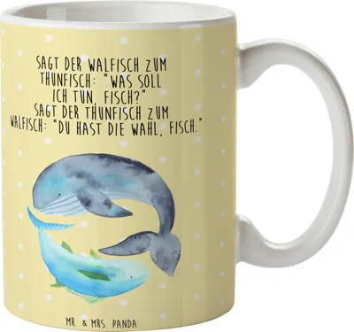Produktbild von Mr. & Mrs. Panda Trinkbecher Walfisch Thunfisch - Gelb Pastell - Geschenk, Pott, Keramiktasse, Wal, kaffeebecher keramik, Tasse, Kaffeetasse, Flachwitz, Wahl, Tunfisch