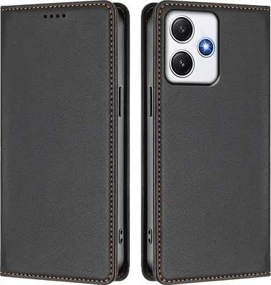 Obrázek produktu pro Kožené pouzdro pro Xiaomi Poco M6 Pro 5G/Redmi 12 4G/5G, magnetické flipové pouzdro zPolyuretankůže se stojánkem Černá