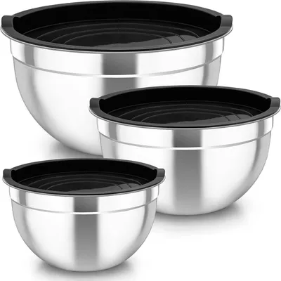 Produktbild von TEAMFAR Edelstahl Rührschüssel Set mit Luftdicht Deckel, Schwarz, 3er, Spülmaschinenfest