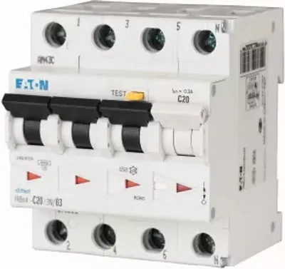 Produktbild von Eaton FI/LS Kombination, 25 A, 30 mA, LS-Charakteristik: C, 3p+N, FI-Charakteristik: A 171001