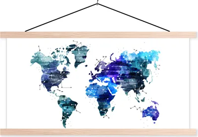 Produktbild von MuchoWow® Textilposter Weltkarte - Sternenhimmel - Blau 120x60 cm mit holzfarbenen Rahmen - Klemmleiste