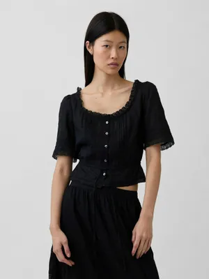Produktbild von GAP Damen Oberteil Schwarz mit Spitze, Größe L, aus Baumwolle, ultrakurze Länge, atmungsaktiv