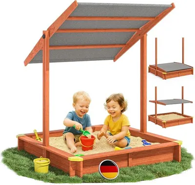 Produktbild von Sandkasten Sami Sonnendach 120x120cm imprägniertes Holz Füllstand Skala UV 50+ Kantenschutz Bodenvlies Sandspielzeug Kinder Sandbox Sandkiste