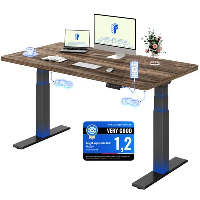 Image de FLEXISPOT ValtreX E200 : Bureau réglable en hauteur, dimensions 140x80 cm, capacité de charge de 200 kg, plateau de bureau d'une seule pièce de 25 mm d'épaisseur, 2 moteurs, port USB, couleur marron