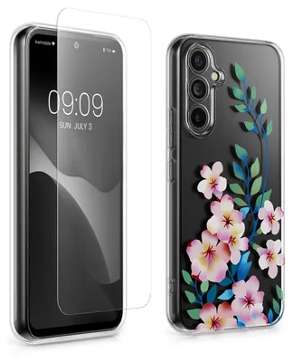 Produktbild von kwmobile Hülle kompatibel mit Samsung Galaxy A54 5G Handyhülle - Silikon Case transparent - Mit Glas Schutzfolie - Kirschblüten bunt Hellrosa Rosa