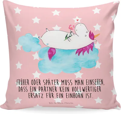 Produktbild von Mr. & Mrs. Panda Kissen 40x40 Einhorn Verliebt - Rot Pastell - Geschenk, Freundin, Unicorn, Deko, Sofa, Polster, Dekokissen, Liebe, Einhörner, kuschelkissen, Wolke
