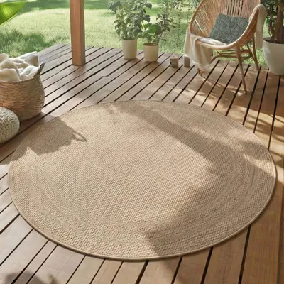 Produktbild von Runder Outdoor Teppich 120 cm Beige Wetterfest UV-beständig Pflegeleicht Einfarbig mit Bordüre