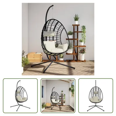 Obrázok produktu pre The Living Store Závesné kreslo Egg Design so stojanom Béžový ratan a oceľ