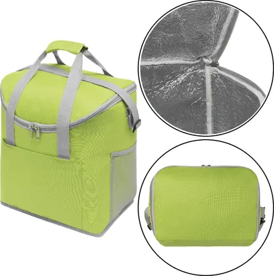 Produktbild von Kühltasche grün/grau, ca.32x23x37cm, Hauptfach isoliert, für 1,5L Flaschen, Schultergurt verstellbar, Netzeinsteckfächer