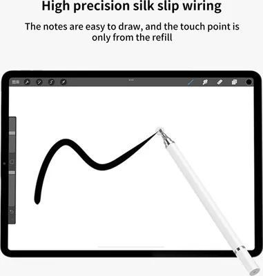 A stylus is shown drawing a line on a tablet screen, with descriptive text above.