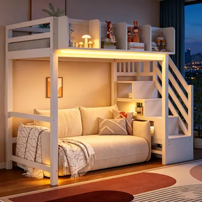 Produktbild von okwish Hochbett 90×200 mit LED und Aufbewahrungsfächern, Jugendbett mit Sicherheitsgitter, Einzelbett in Weiß,ohne Matratze