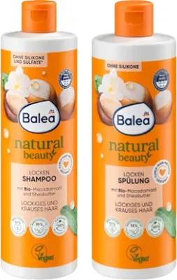 Obrázek produktu pro Sada šamponu a kondicionéru Balea Natural Beauty pro vlnité a kudrnaté vlasy, 400 ml + 350 ml. Veganská péče s obsahem bio makadamového oleje a bambuckého másla. Výhodná sada