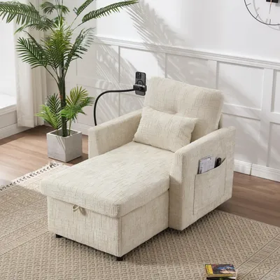 Produktbild von LVHOM Einzelsofa mit Handyhalterung, Polsterliege mit Bettkasten und Seitentaschen, Relaxsessel Schlafsofa mit versteckten Stauraum, Beige