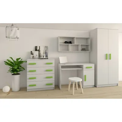Obrázok produktu pre Kinderzimmer-Set Schrank Wandregal Kommode Schreibtisch grüne Griffe Jonas I 02 (Weiß/Weiß)