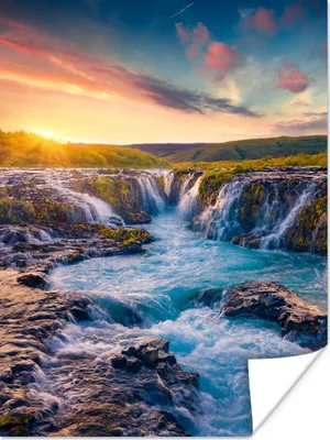 Produktbild von MuchoWow® Poster Wasserfall - Pflanzen - Moos - Landschaft - Sonnenuntergang - Fels 90x120 cm - Wohnzimmer