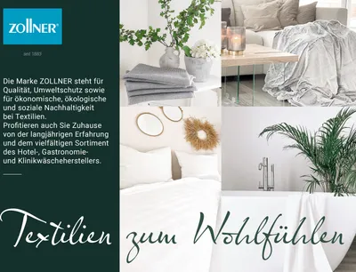 A collage of lifestyle images related to textiles and home comfort, with brand information and a slogan.