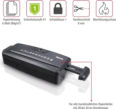 A product shot of a black paper shredder with informational icons and text above it, and a diagram indicating its compatibility with paper bins.