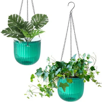 Produktbild von Hängende Blumenkörbe, Außenhängkörbe mit Kette, Kokosnuss, großer Literinhalt (Set von 2 transparent grün 16,5 cm)