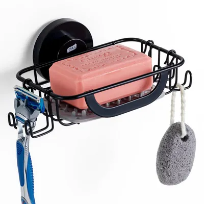 Image de Porte-savon avec ventouse et crochet, capacité de charge de 5 kg, en acier inoxydable, noir et gris, dimensions : 14,4 x 11,7 x 6,5 cm