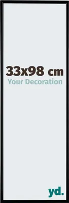 A framed picture with text indicating size and a brand logo.