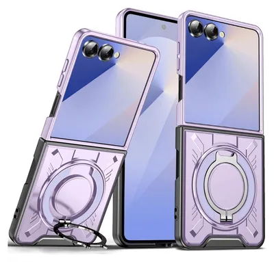 A purple flip phone case with a ring holder is displayed.
